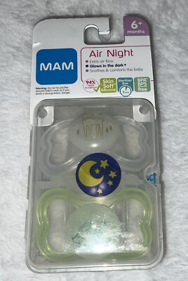MAM Air Night Pacifiers 2 pack, Skin Soft Silicone Pacifiers 6+ Month Sealed NEW