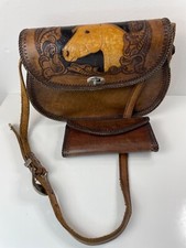 Vtg Hand Tooled Brown Leather Purse Shoulder Bag Horse Design Matching Wallet