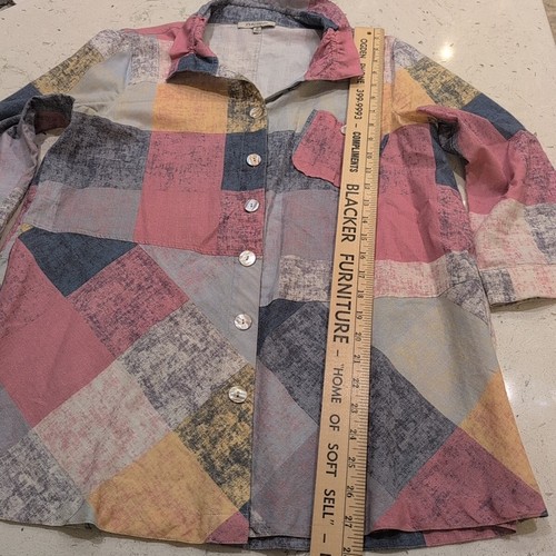 John Mark Patchwork Button Down Shirt Tunic Neutral Art Size M Boho Artsy - Picture 8 of 16