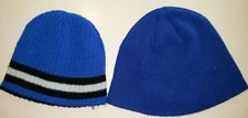 2 boys BLUE KNIT WINTER BEANIES HATS size 4 to 7 black stripe WARM
