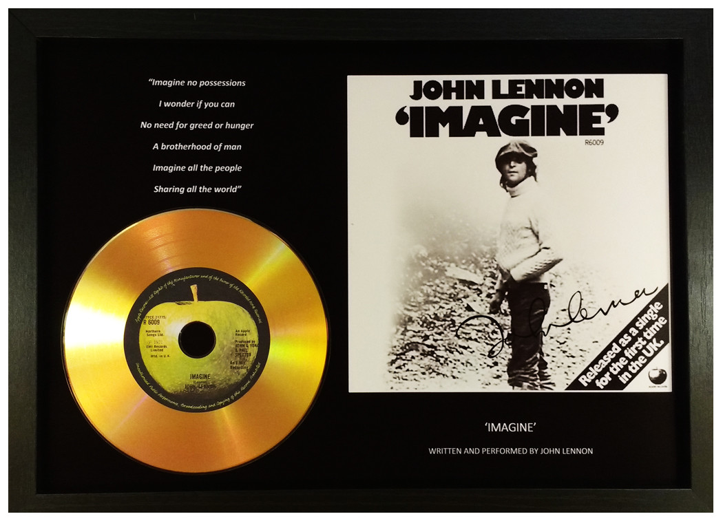 JOHN LENNON 'IMAGINE' SIGNED PHOTO GOLD CD DISC DISPLAY