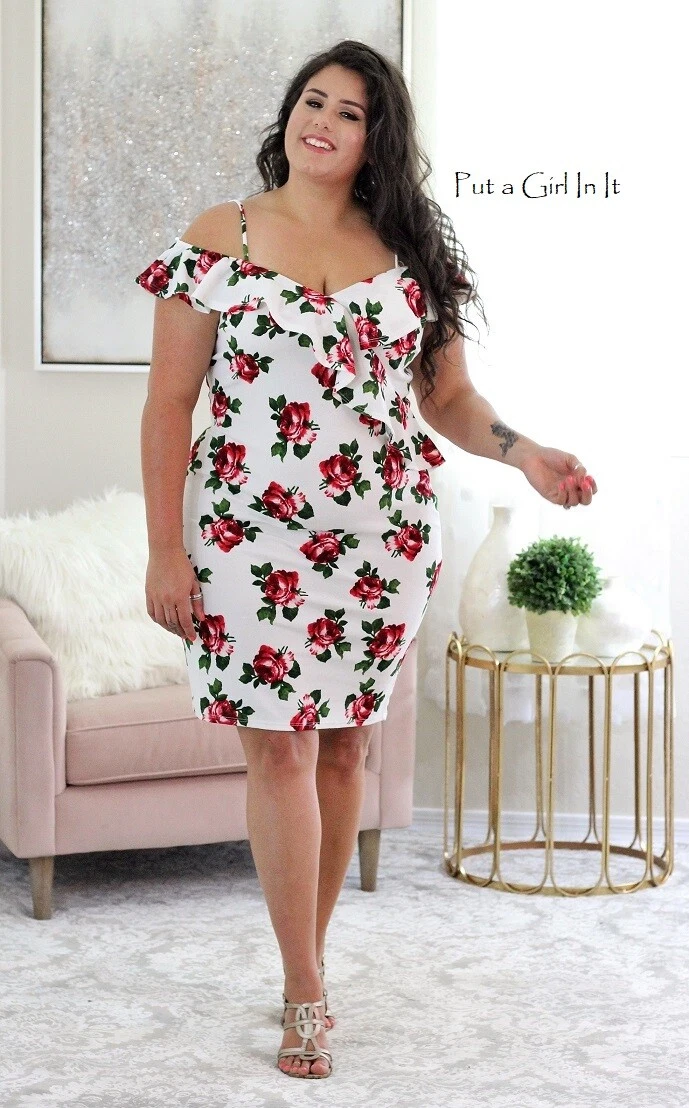 Womens PLUS SIZE WHITE FLORAL BODY CON RUFFLE SPAGHETTI STRAP DRESS 1X 2X  3X USA