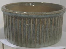 VTG SALT GLAZED Olive Sage Green Ribbed Planter BUTTER Crock Bowl 6 1/4"