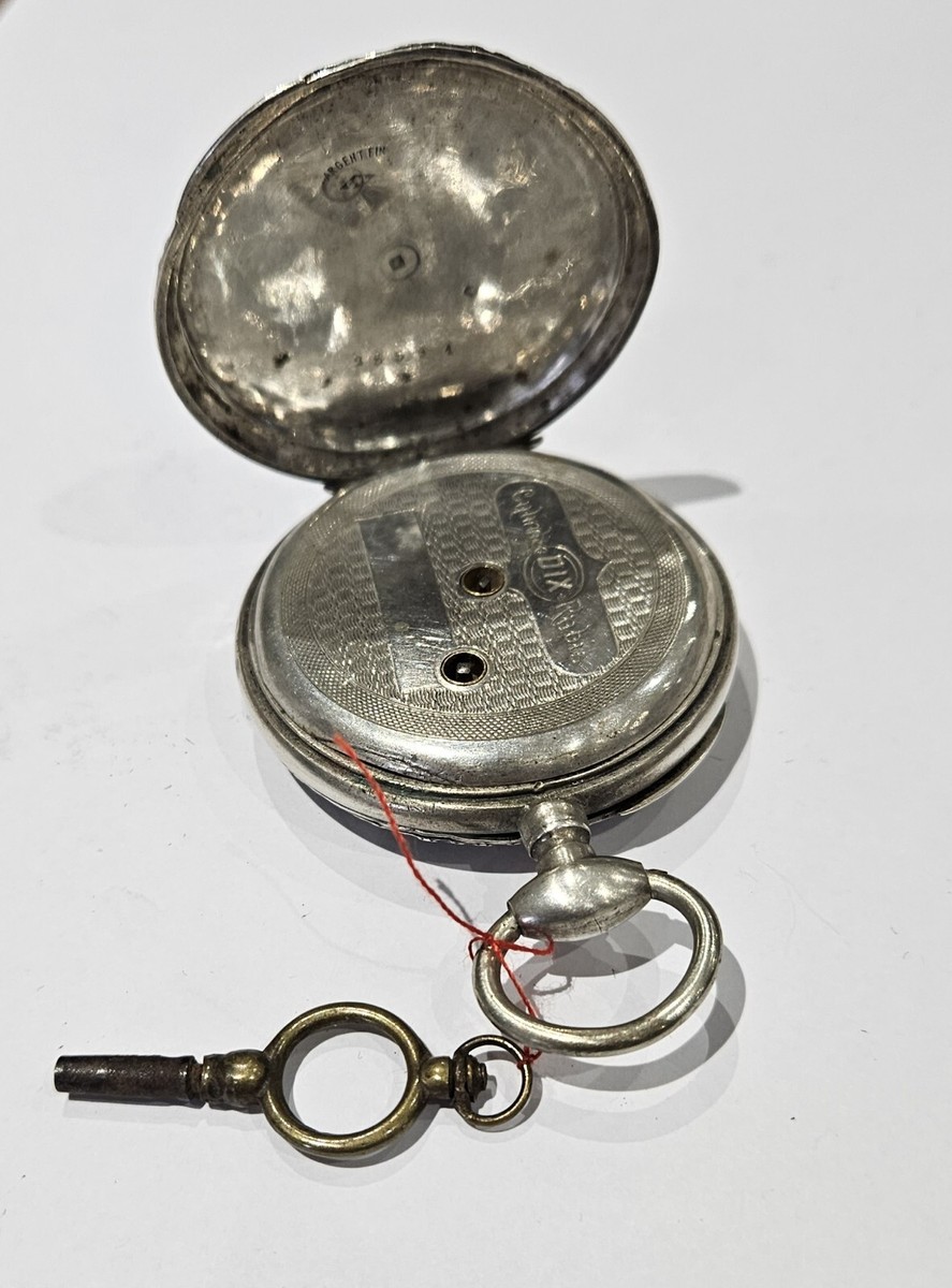 Montre à Gousset Ancienne En Argent Fin - Avec Sa Clé, Fonctionne, Occasion Très Bon état