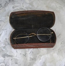 Antique Eyeglass Spectacles and Vintage Leather Covered Metal Case Holder