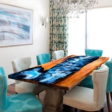 Very Unique Custom Epoxy River Dining Room Table Top | Handmade Live Edge Resin