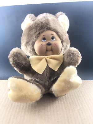 MTY International 11''Vintage Plush Bear Plastic Freckled Face Yellow Tie Sitting