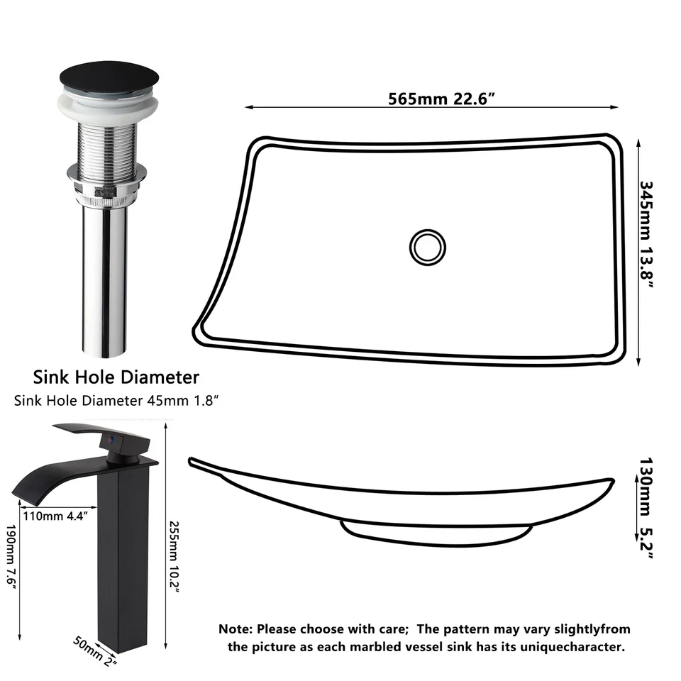 Прямоугольный черный комплект раковины для ванной раковины тумбы выдвижной слив водопад кран - Изображение 2 из 4