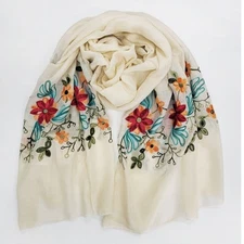 Pansy Embroidered Sheer Long Rectangle Scarf Vanilla Ivory