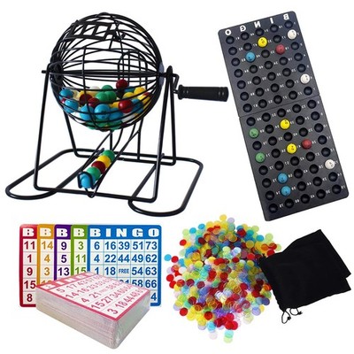 Deluxe Bingo Game Set - Metal round Cage, 75 Colored Bingo Balls, 100 Bingo Card