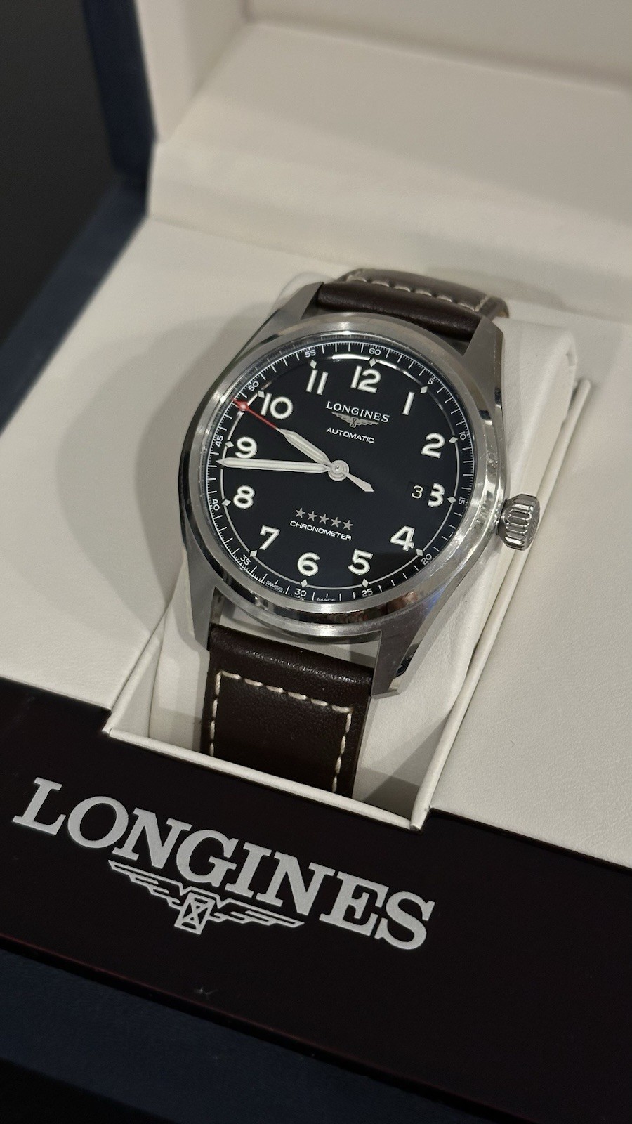 Longines Chronometer Automatic Black Dial Brown L… - image 1