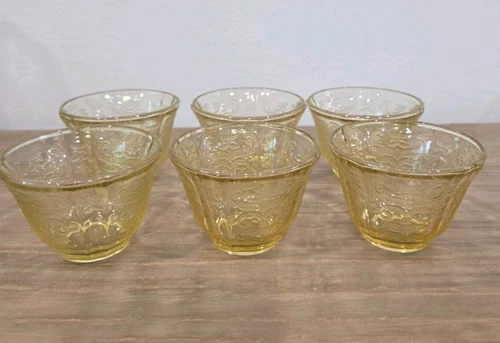 Vintage 1930s Set Of 6 Federal Yellow Glass Madrid Pattern Custard Fruit Cups