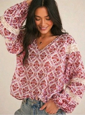 Anthropologie eze sur mer Pink Floral Lace Bubble Sleeve Boho Peasant Top SZ XL