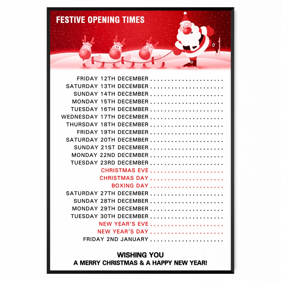 LIQUID_GRAPHICS Christmas 2025 Opening Times/Hours Festive Xmas Sign Poster Print A5 A4 A3 A2 A1