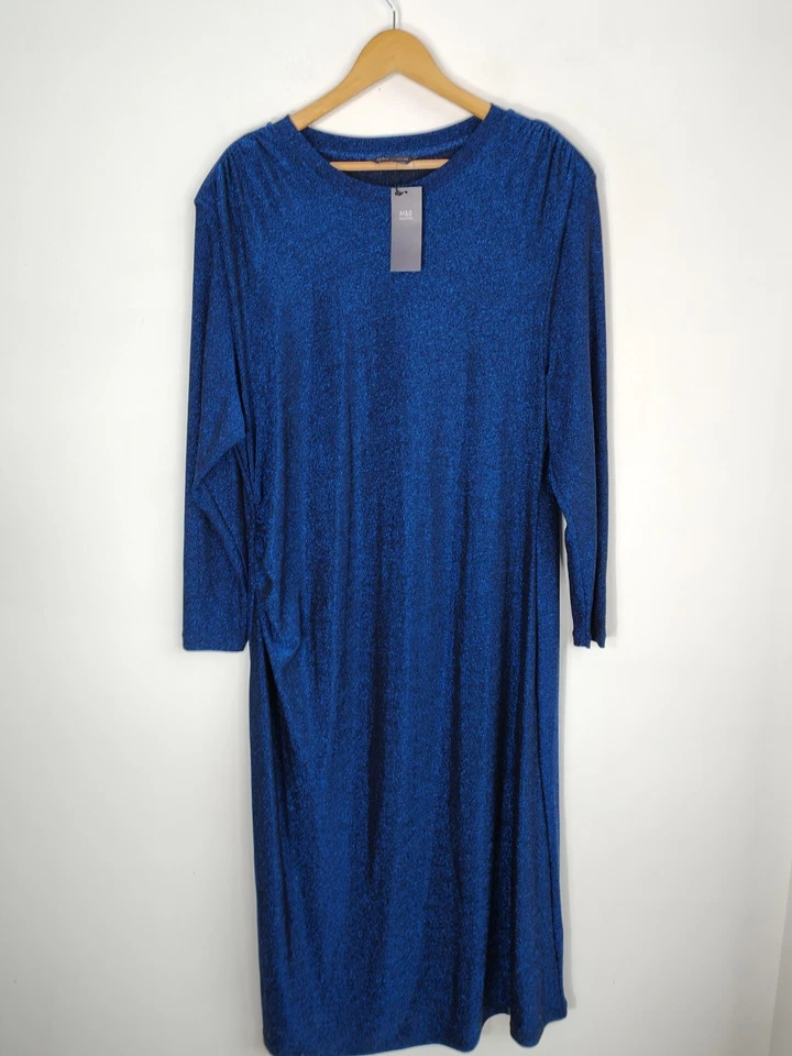 M&S Size 22 Blue Dress Sparkly Long Sleeve Stretchy Calf Length New with Tags - Image 4 of 4
