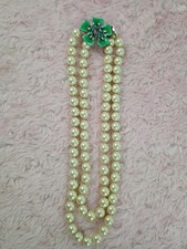 Vintage 2 Strand Faux Pearl Green Enamel Flower Rhinestone Necklace