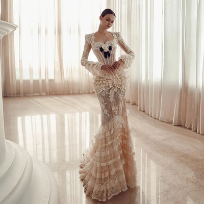 Princess Lace Mermaid Evening Dress With Delicate Appliques Ruffles Lace Bridal