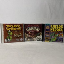 PC Game Lot- Bookworm Deluxe + Reel Deal Casino Quest! + Arcade Heroes 4-Pack