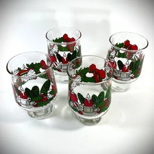 Set of 4 Vintage Libbey Christmas Lowball Pedestal Glasses Holidays 4.75" 12 oz.