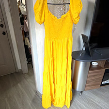 SHEIN CURVE Yellow Solid Maxi Dress 1XL Square Neck Smocked Puff Sleeve