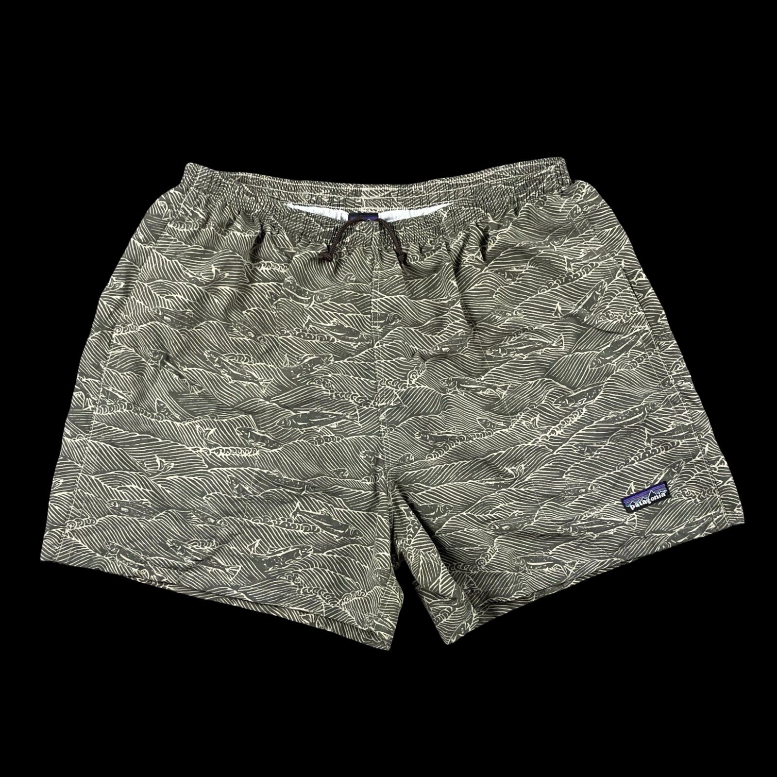 VTG Patagonia Baggies Shorts Fish Wave Print 4" Inseam Men's Large Green Lined
