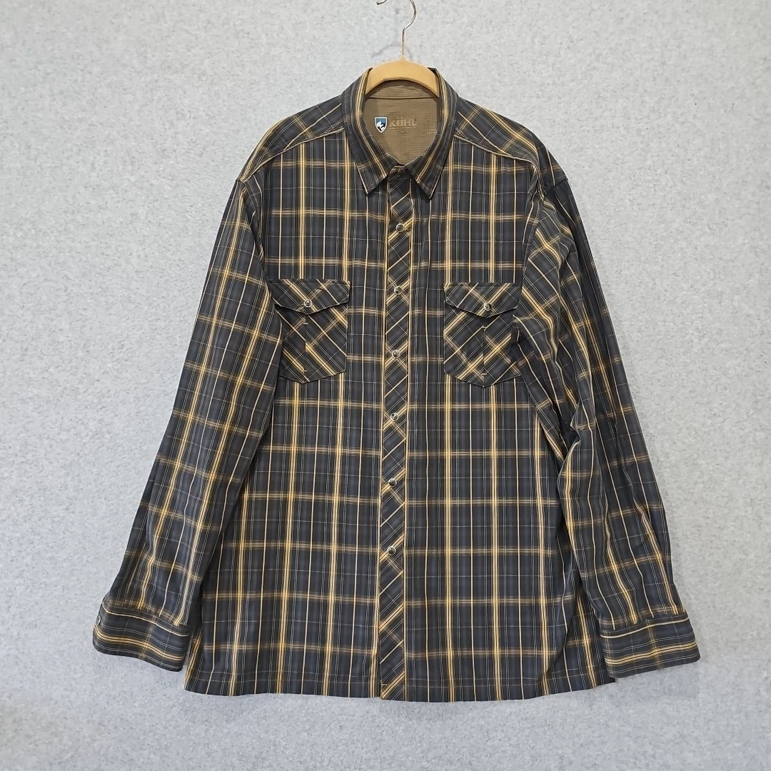Kuhl Eluxor Shirt Pearl Snap Long Sleeve Men's Sz XL Brown Plaid Outdoor Hiking