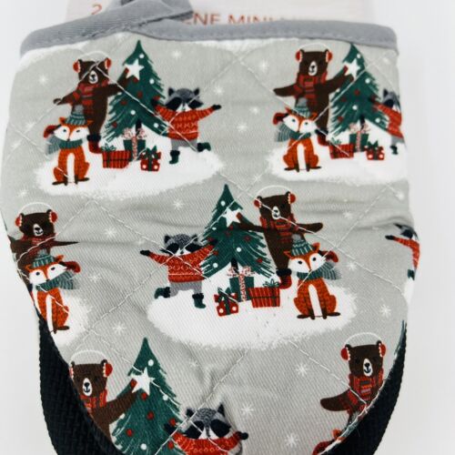 Christmas Seasonal Decor 2 Pack Kitchen Mini Oven Mitts Fox Bear Raccoon Tree - Picture 2 of 5