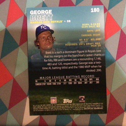 GEORGE BRETT #180 HOF ROYALS 2016 Topps Stadium Club 5X7 Gold Version 09/10 Made - Picture 2 of 2