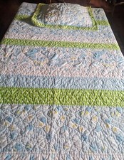 Pottery Barn Kids Quilt Flower Butterfly Twin 89x68 w Sham Skirt Blue Green