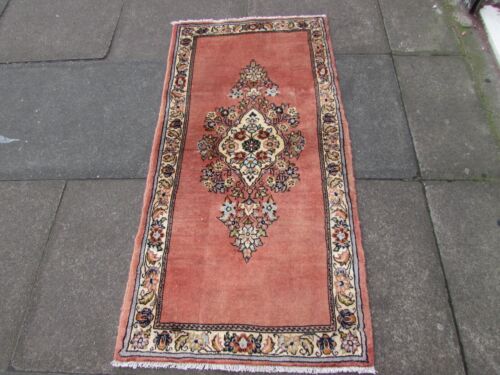 Vintage Hand Made Traditional Rug Oriental Wool Pink Short Runner 140x68cm - Picture 1 of 19