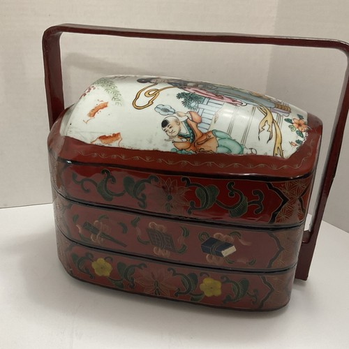 Hand Painted Porcelain Top Chinese Wedding Basket, Red Lacquer, 3 sections