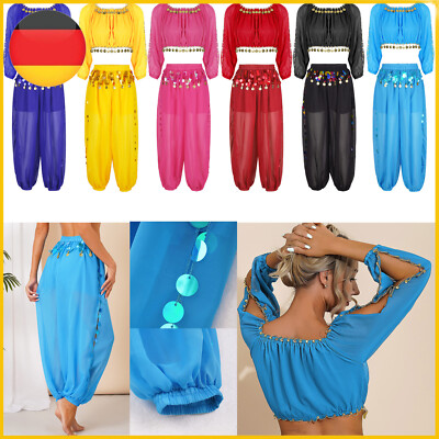 DE Damen Bauchtanz Top Hose Pailletten Bloomers Laterne Tanz Kostüm Haremshose