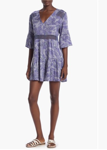BOHO ME Blue Vine Printed Lace Inset Bell Sleeve Mini Dress Size M
