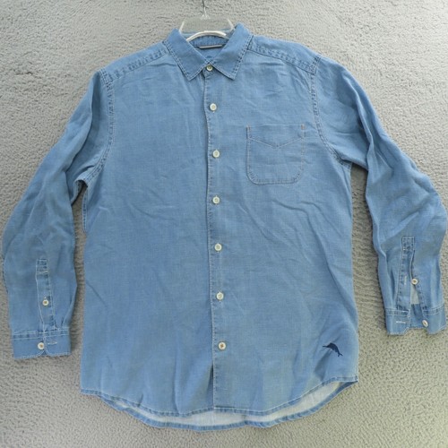 Tommy Bahama Hemd Herren Small Blau Einfarbig Knopfleiste Langarm Leinen