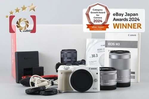 Canon EOS M3 White 24.2 MP Digital Camera EF-M 15-45 55-200 Lenses w/ Box