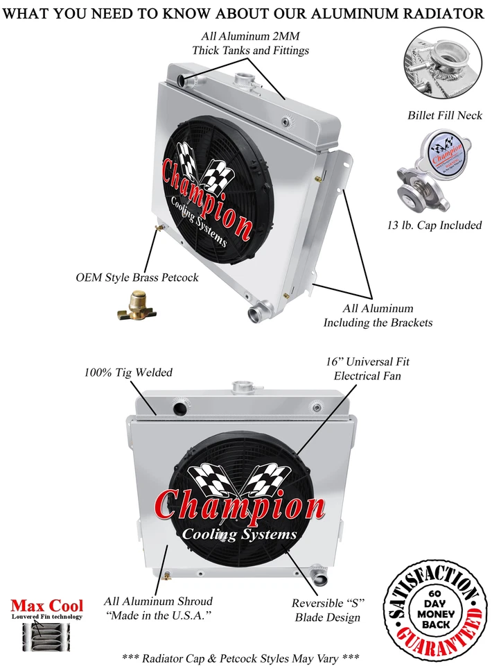 RS Champion 2 Row Radiator W/ 16" Fan and Shroud for 1979 Dodge RD200 V8 Engine - Image 3 of 4