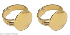 2 each GOLD Adjustable RING BLANKS 16mm Round Flat Pad to Glue Findings ~ NICE