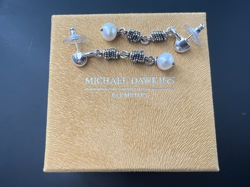 MICHAEL DAWKINS STERLING SILVER 925 14K YG GOLD GRANULATION PEARL DROP EARRINGS - Picture 5 of 5