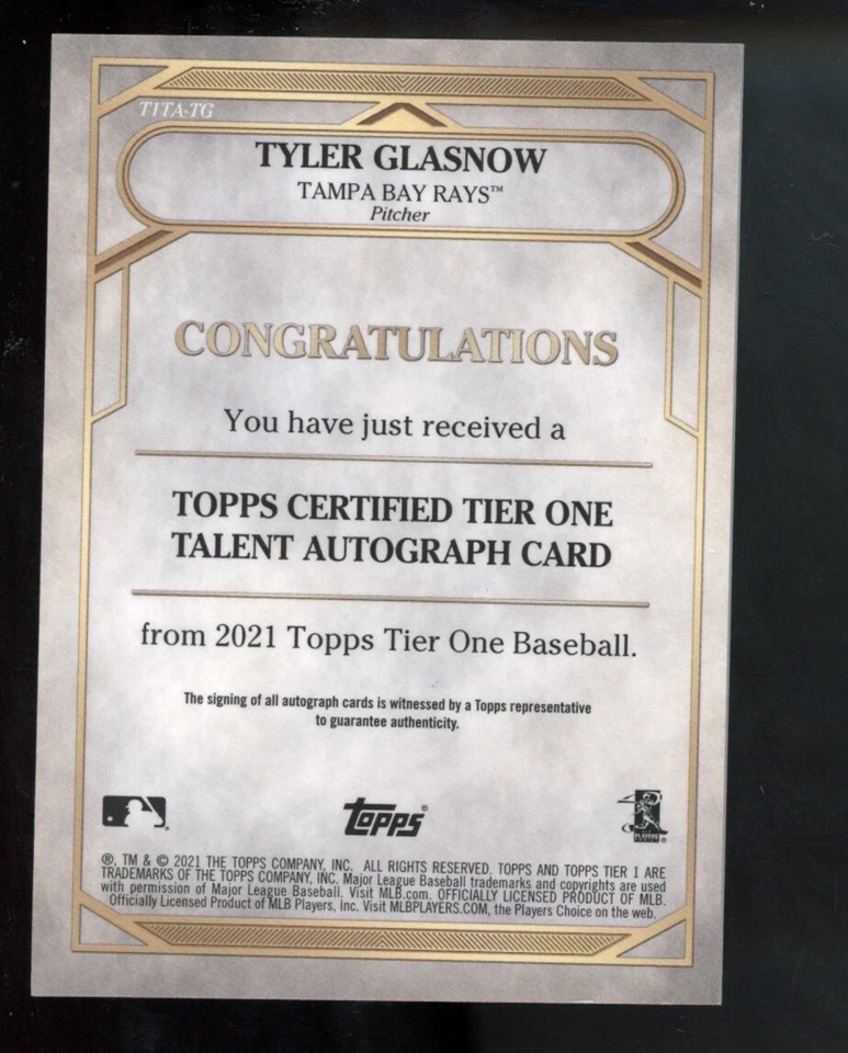 Tyler Glasnow 2021 Topps Tier One Talent Autographs Auto /300 #T1TA-TG Rays - Image 2 of 2