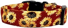 Metallic Autumn Sunflowers Burgundy Handmade Dog Collar