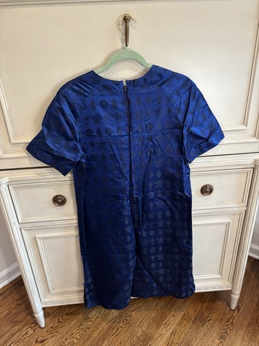 Vintage Asian Inspired Kimono Dress Navy Blue Satin Ornate Stamping Detail Mediu - Picture 3 of 6