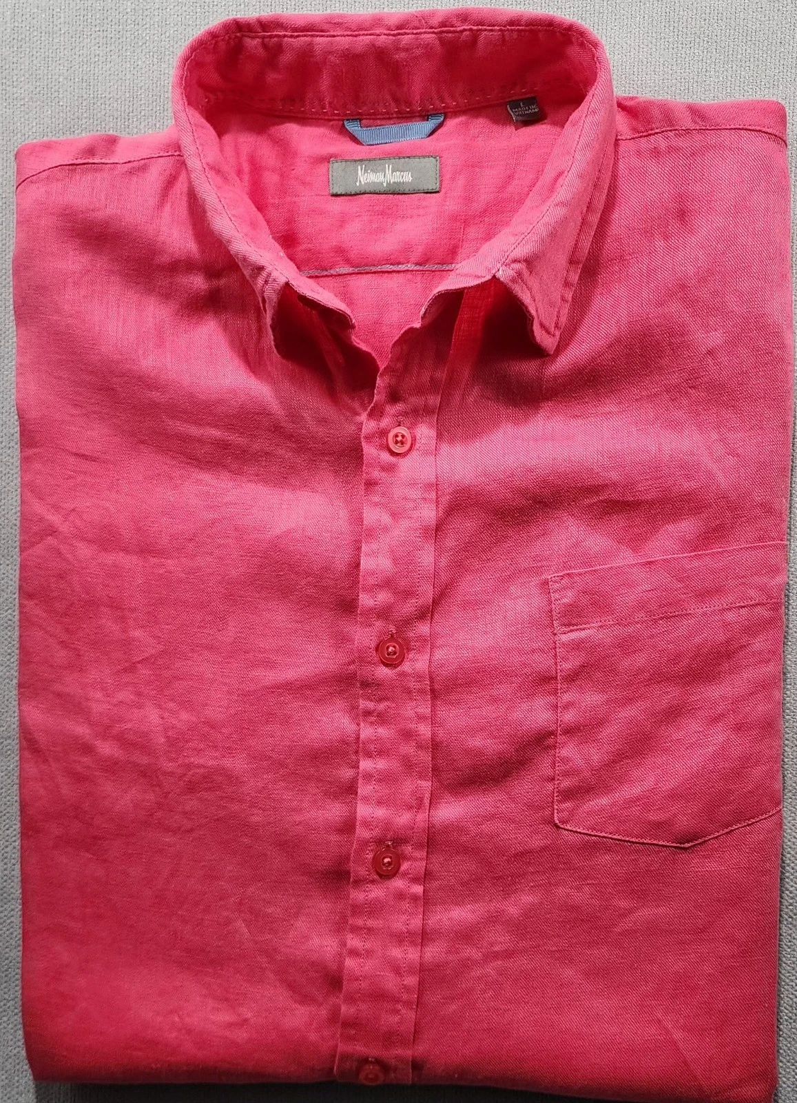 Neiman Marcus Shirt Mens 100% Linen Short Sleeve Button Up Large L Salmon