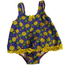 Vintage Y2K Floral ColorBlock Girls Swimsuit One Piece Dress Ruffle 12 months