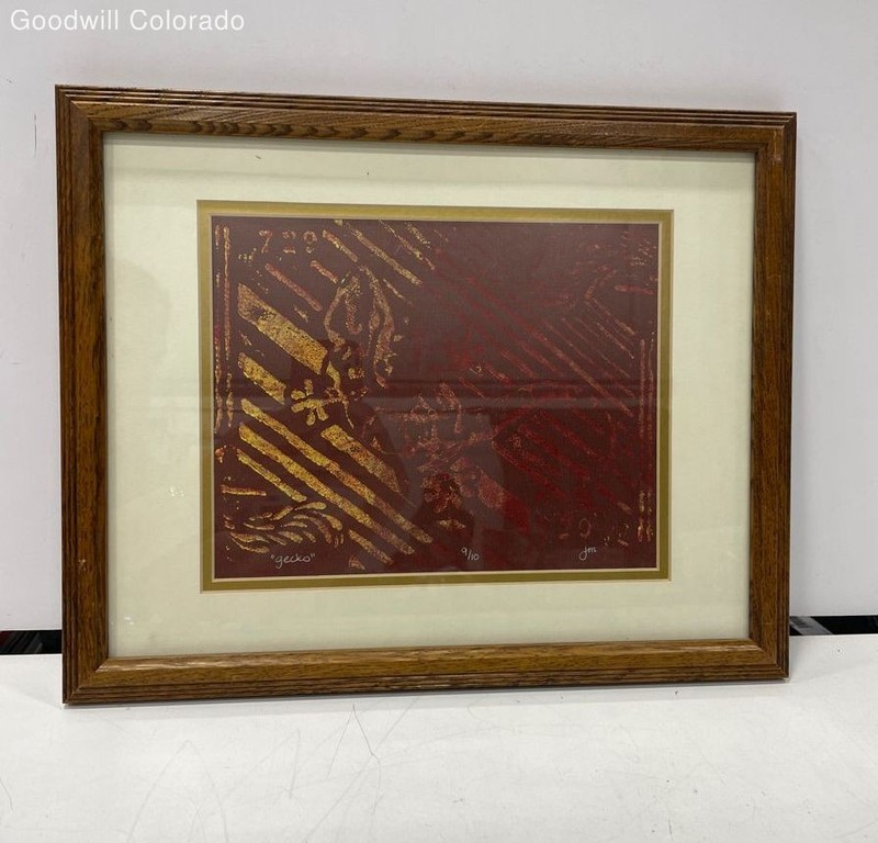 JM Red Gold Gecko Abstract Art Print Framed Signed Numbered 9/10 