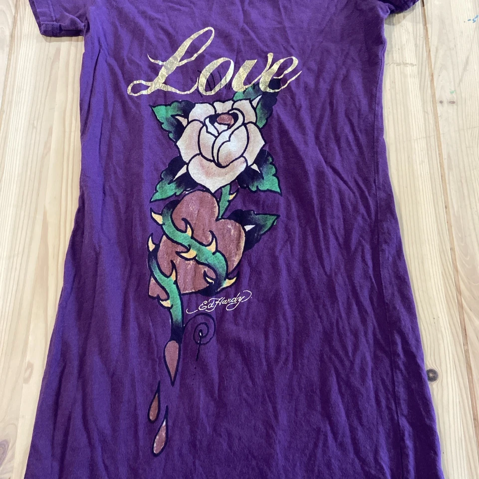 Женская футболка FLAW Ed Hardy Flower Plum размер XS сделано в США Y2K винтаж - Изображение 2 из 4
