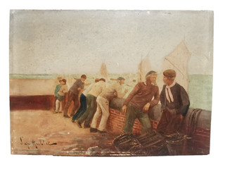 ancien Tableau d'après AUBLET pécheurs vieux bateaux .... le Tréport