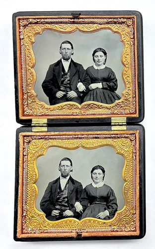 Double 1/6 Plate Ambrotypes - Same Young Couple - Different Poses - Union Case