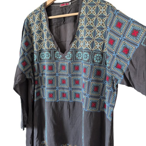 Camicetta tunica Johnny Was donna 1X ricamata in rayon setoso arricciata boho hippie - Foto 3 di 8
