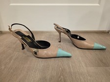 Vintage Gianni Versace Authentic Tan Green Leather Medusa Shoes Heel US 8 EU38.5