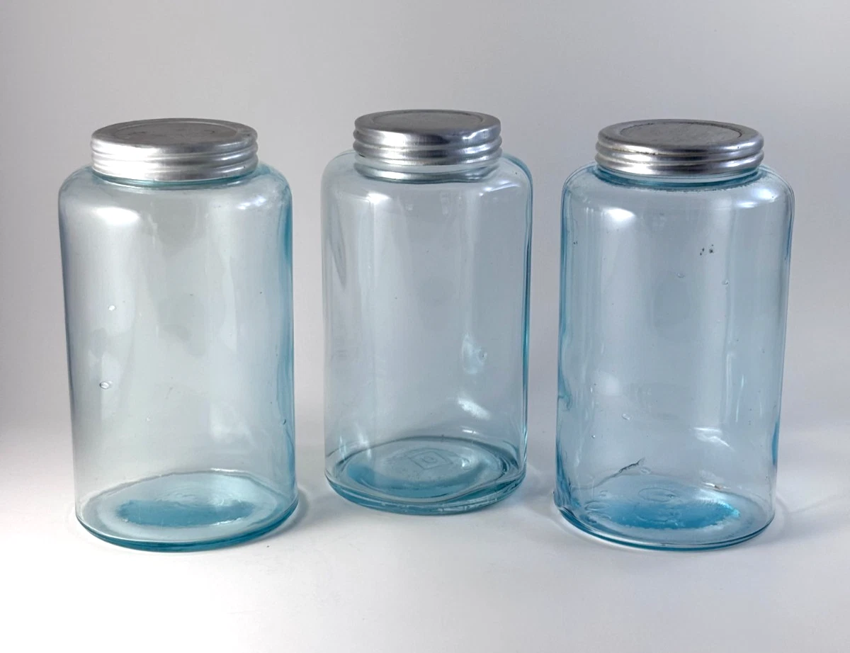 3 Vtg Glass Pint Canister Jars Aqua Tint Metal Lids One is Owens O in Square